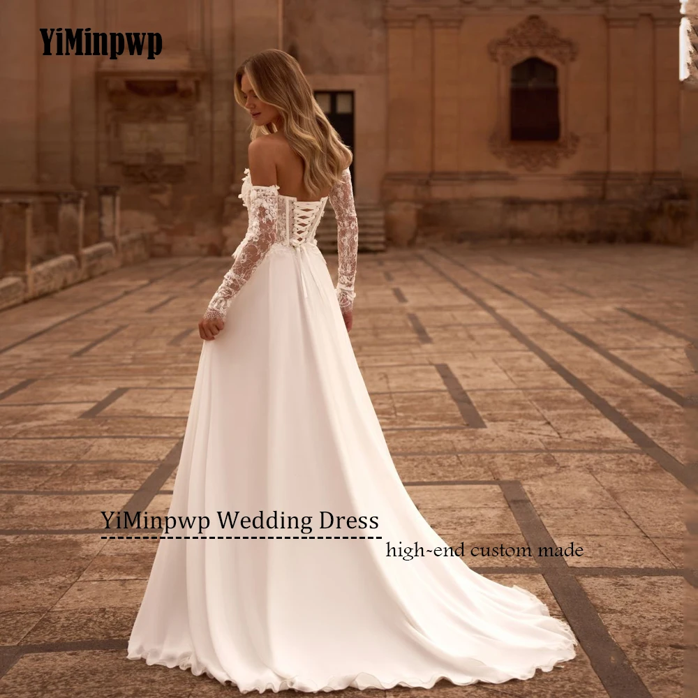 シフォンのウェディングドレス恋人サイドスプリット A ライン Vestidos デノビアイリュージョンレースアップリケ自由奔放に生きる民間のブライダルドレスカスタマイズ