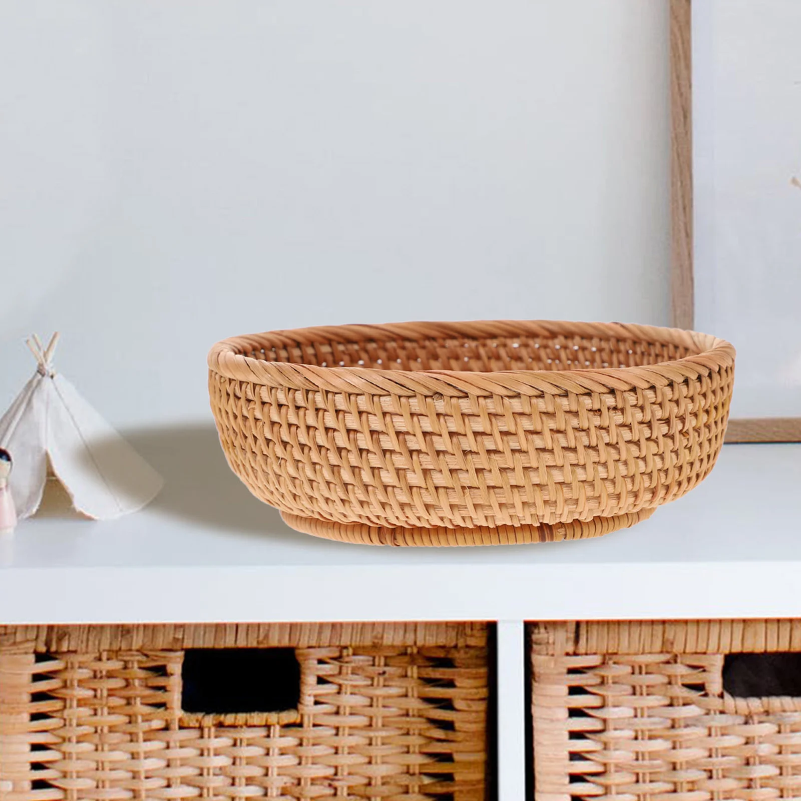 

Woven For Home Modern Round Rattan Fruit Basket Kitchen Storage Vegetable Bread Holder Handwoven Snack Sundries Tabletop