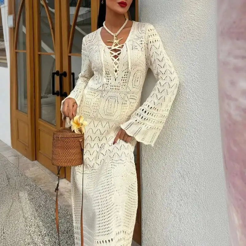 فستان ماكسي نسائي مثير للشاطئ بتصميم نحيف وأكمام طويلة للعطلات والربيع والصيف ورقبة على شكل V وأربطة فستان محبوك مجوف