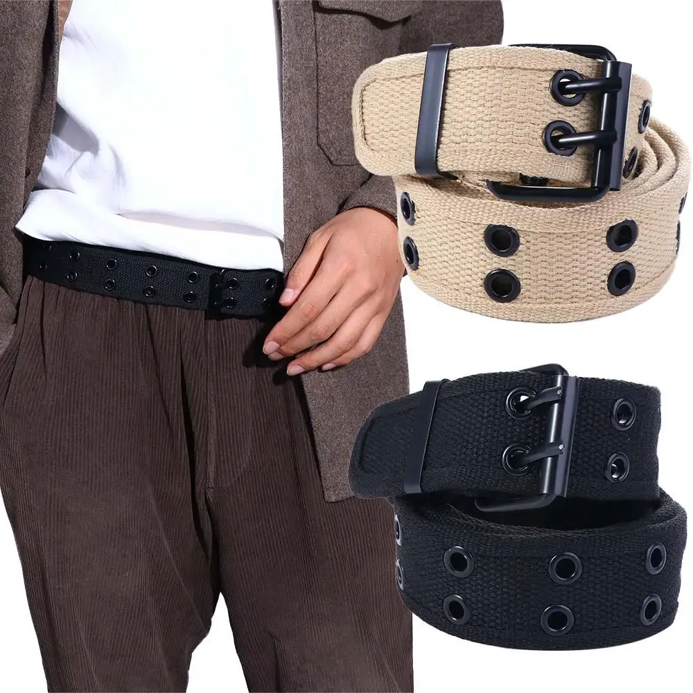 

For Women Double Breasted Metal Buckle Belt Accessories Canvas Waist Belt Double Grommet Hole Man Waistband Korean Waist Strap