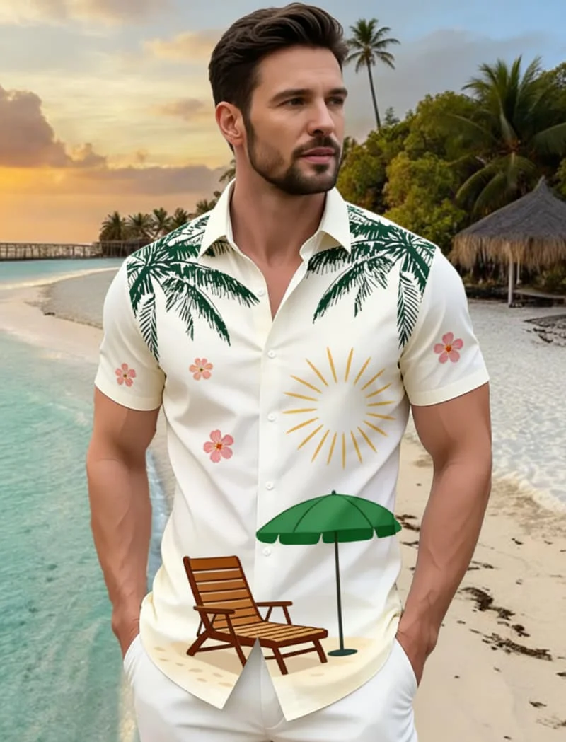 

Men's Luxury Stylish Scenic Serene Hawaiian Print Short Sleeve Shirt Casual Fashion For Beach Getaways And Relaxed Outings