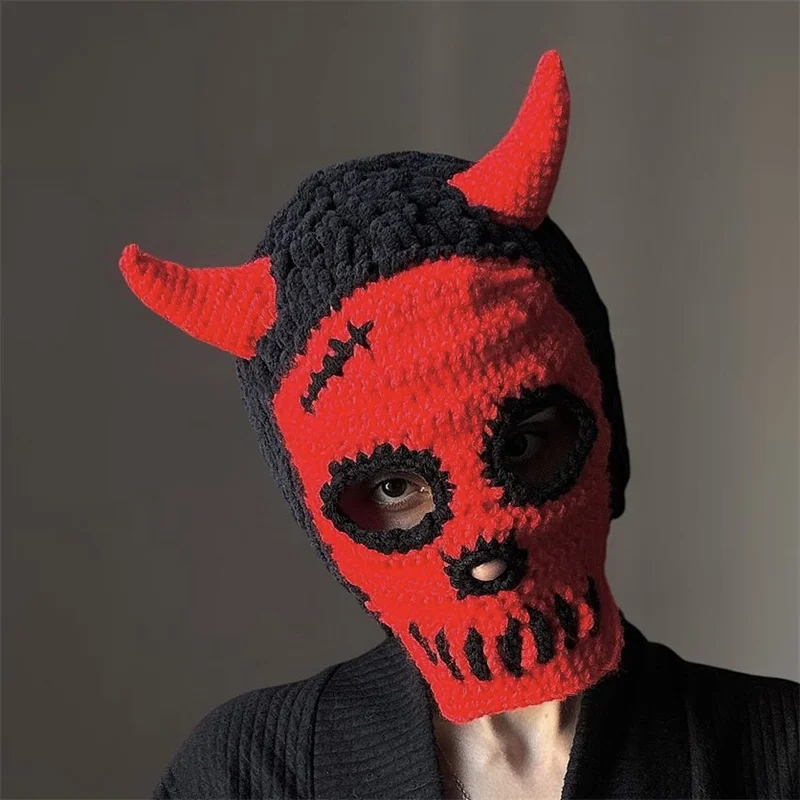 Handmade crocheted Creative Red mask For women men cowhorn cosplay costume hat Halloween party hat Winter warm windproof hat