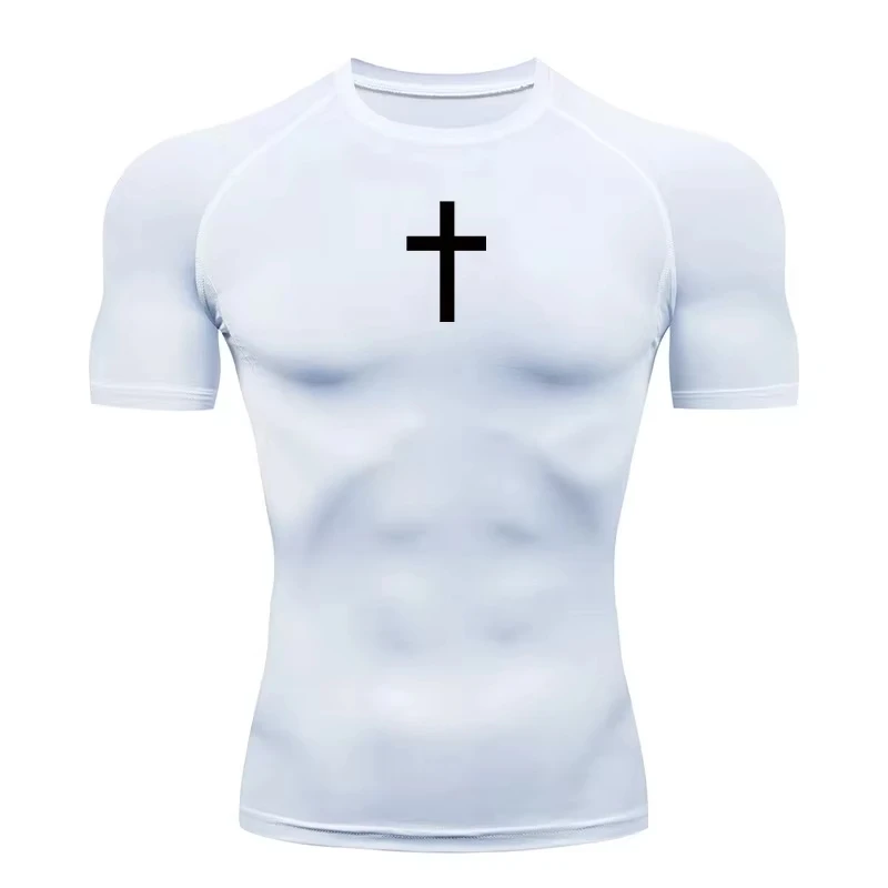 Cross Print Compression Shirt Mens Running T-Shirt Quick-Drying Fitness Sportswear Gym Sports Short Sleeve Training Shirt