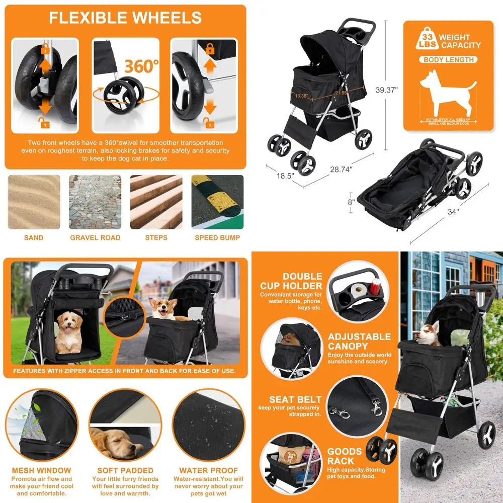

Pet Stroller for Dogs and Cats with Storage Basket and Cup Holder, Suitable for Small to Medium Breeds, Travel-Friendly (Black)