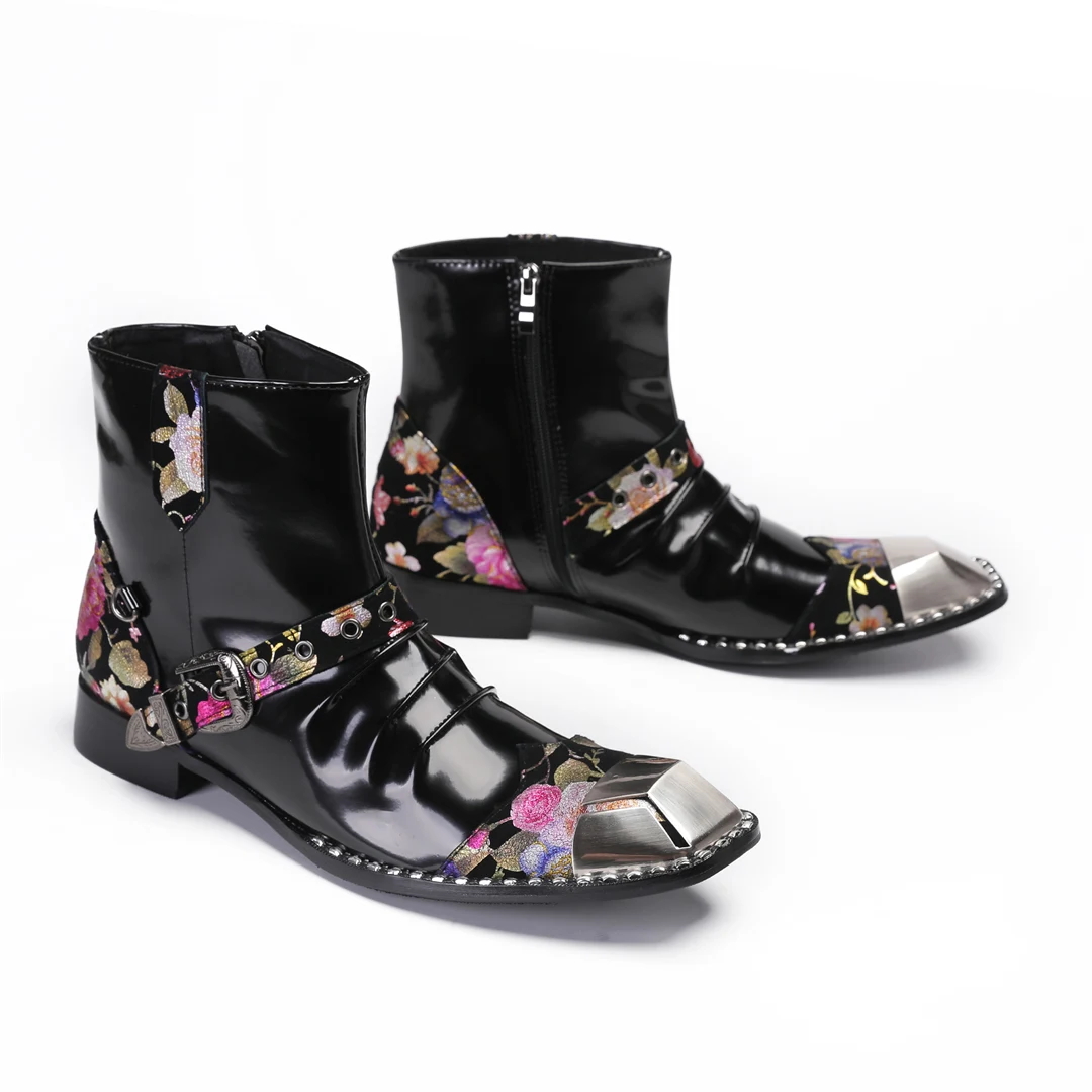 designer floral patchwork patent leather ankle boots for men plus size square toe motorcycle short boots male party dress shoes