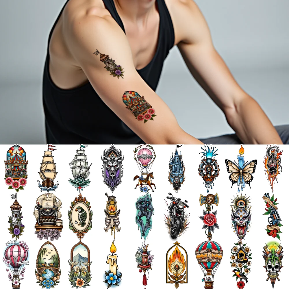 

28 шт., временная татуировка, свеча с цветком, временные татуировки, наклейки, воздушный шар, пылающее сердце, новая школа, традиционная для