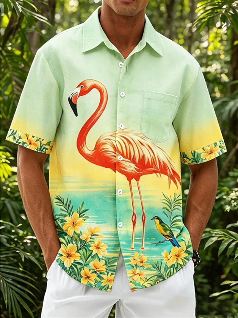 3d Print Flamingo Hawaiian Shirt For Men Summer Holiday Shirts Button Short Sleeve Street Beach Surf Aloha Shirt Y2k Clothing