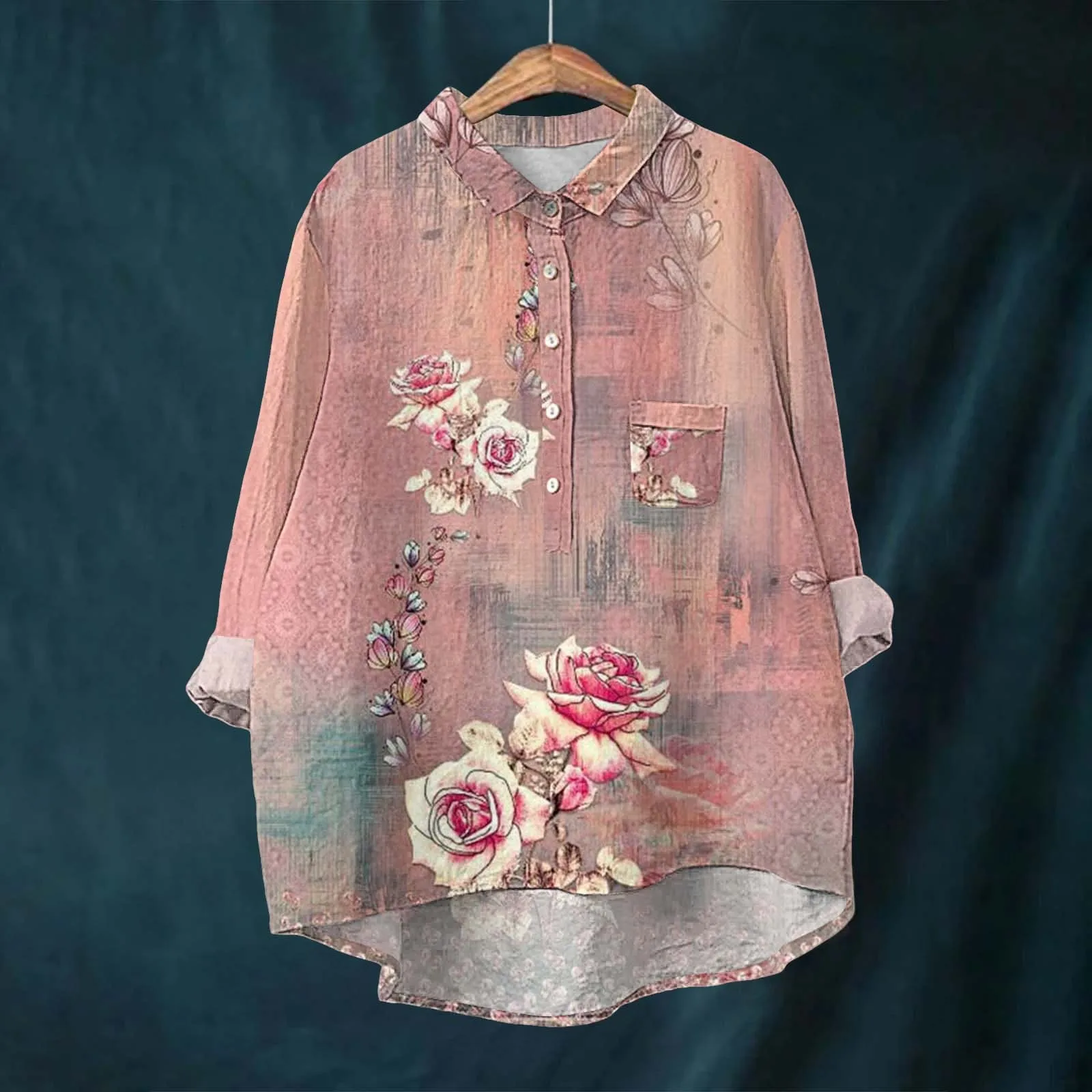 Blus Vintage motif bunga, baju katun lengan panjang Linen kasual leher Lapel depan berkancing cetak bunga seni