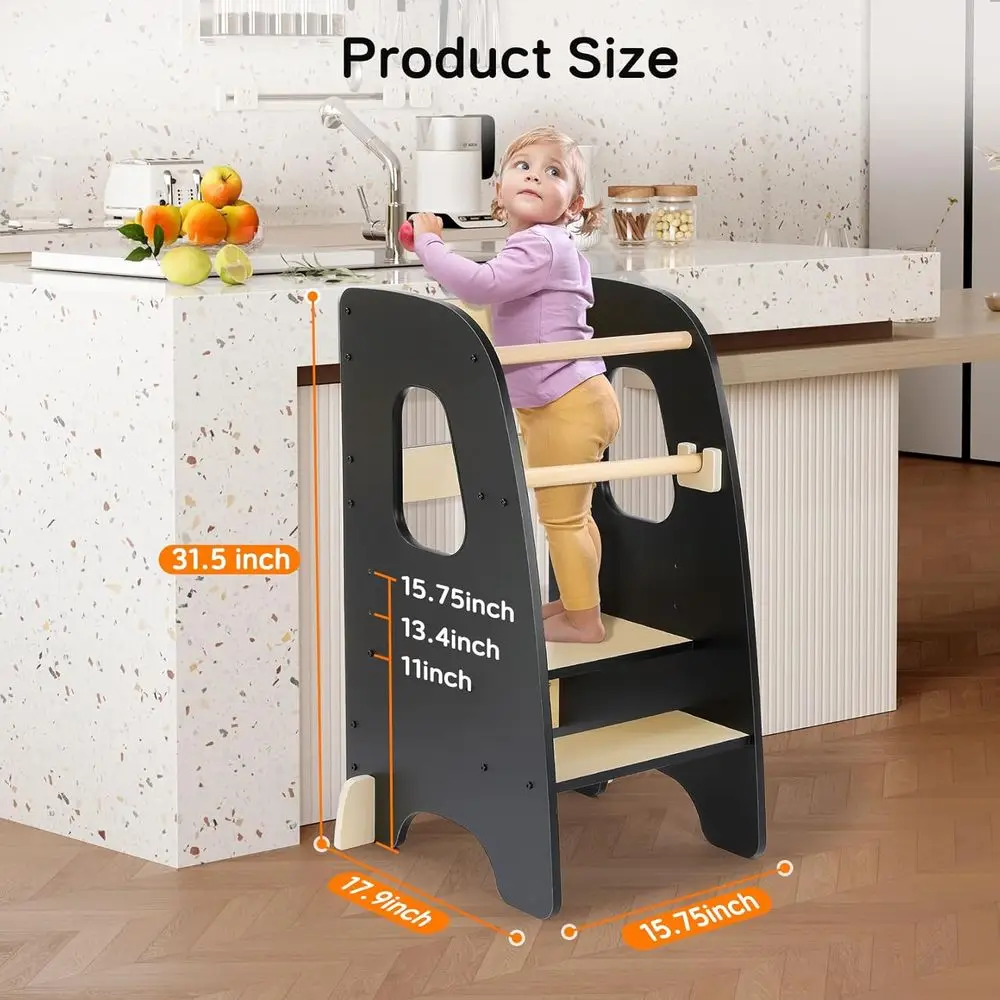 Anti-Tip Toddler Kitchen Helper Stool, Rounded Edge, Removable Rail, for Ages 1.5-6, Black