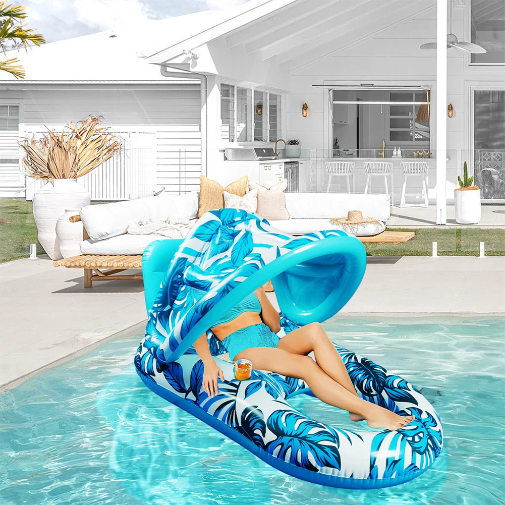 Inflatable Floating Bed with Sunshade Inflatable Water Sleeping Bed Floating Lounger Air Mattress for Swimming Pool Party