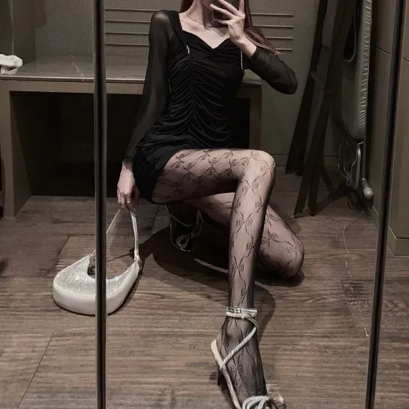 Stoking Nilon Jaring Ikan Hitam Putih Ikatan Simpul Seksi Wanita Celana Ketat Jaring Busur Pantyhose Bawah Kaus Kaki Berongga Gaya Punk Mode