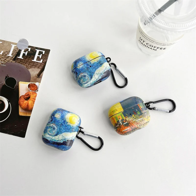 Keychain Airphones Cases for Airpods Pro 2 3 Gen Van Gogh Oil Painting Case Cover Para Air Pods Auriculares Funda Hook Up Shell