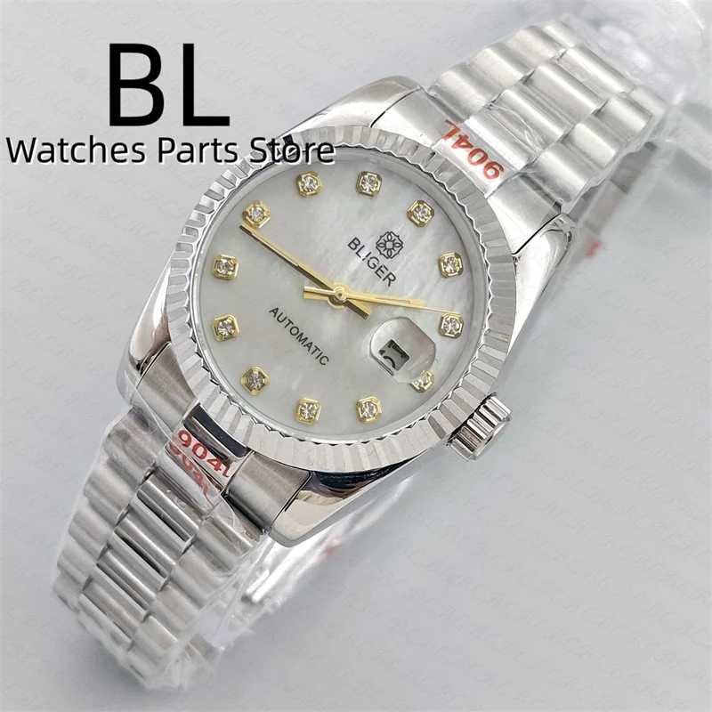 BLIGER 31mm Luxury Women Automatic Watch Two Tone Gold Bracelet Diamond Bezel Sapphire Glass White Mother Pearl Dial Waterproof