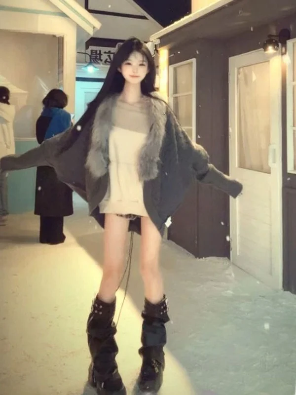 

Корейский винтажный модный свободный трикотаж с меховым воротником, трендовый топ для небольших размеров, осенняя одежда, согревающий