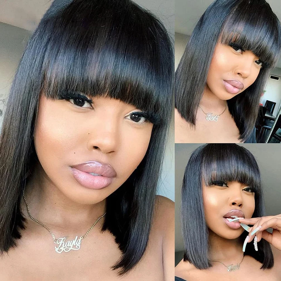 Wig Bob tanpa lem kepadatan 200 Wig rambut manusia untuk WANITA HITAM Brasil mesin penuh dibuat Wig dengan poni pergola Cheveux Humain