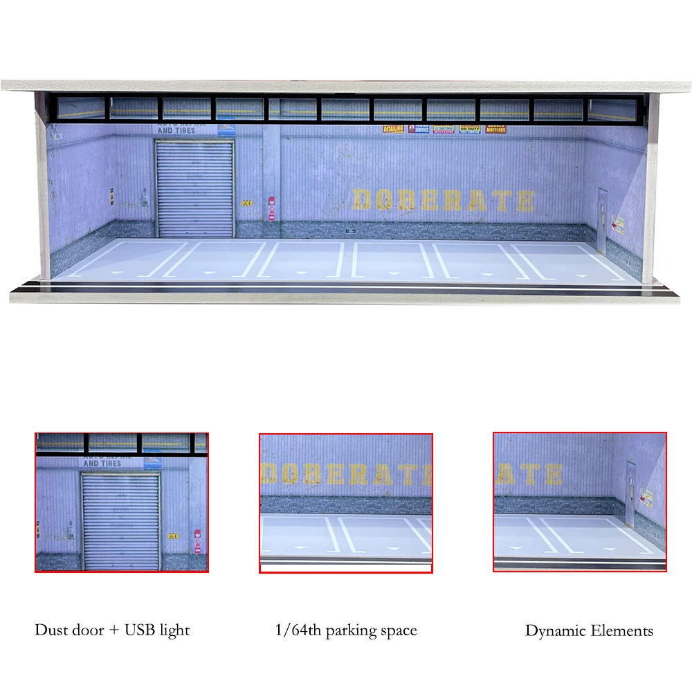 Auto-Garage-Diorama im Maßstab 1:64, mit USB-LED-Licht, realistische Parkplatz-Vitrine für Modellautos und Miniaturfahrzeuge – Detail 26