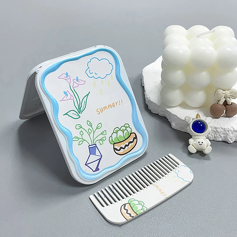 Vaso di fiori del fumetto specchio per il trucco pieghevole specchio tascabile portatile specchio per il trucco cosmetico rettangolare da donna con pettine