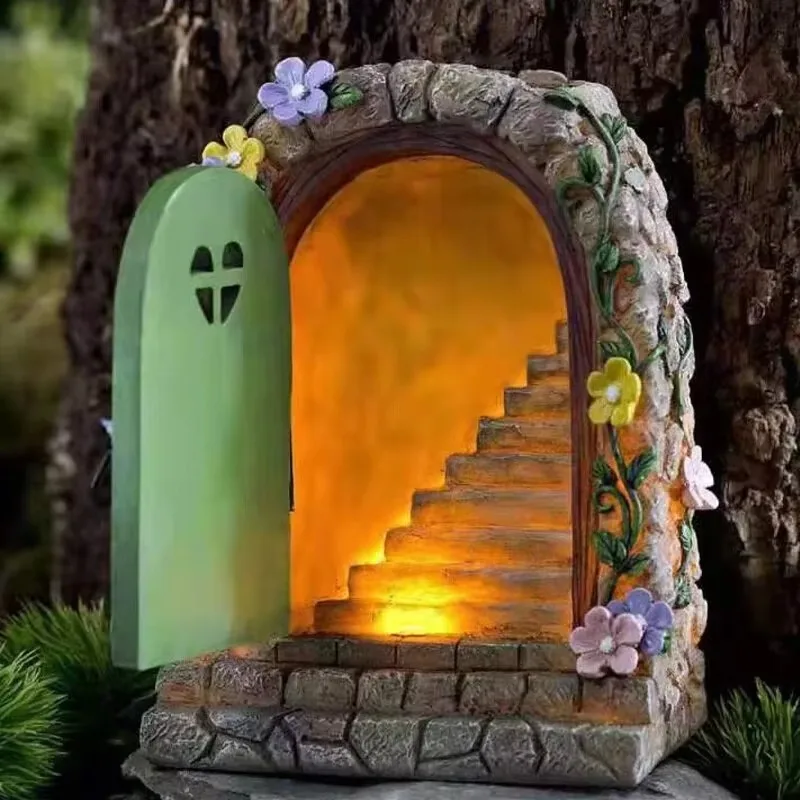 Fairy Garden Solar Stone Door Resin Ornament Solar Garden Decoration Fairy Door Ornament Decorative Figurines