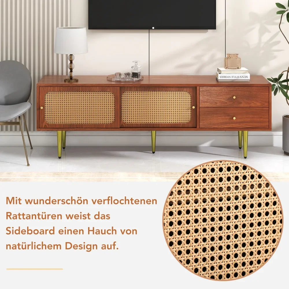 Moderner TV-Ständer mit Rattan-Schiebetüren, praktischer Stauraum, dunkles Rattan-Design aus Walnussholz – Detail 10