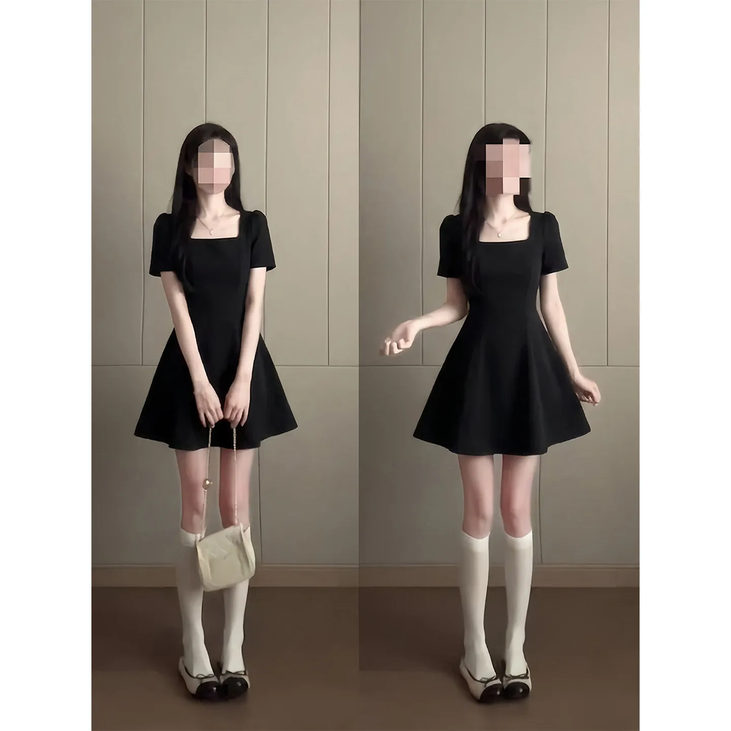 Black A-Line Mini Dress Women's Unique Beautiful Waist-Cinched Short Sleeve Dress 2026 New Style Cotton Polyester Blend Casua...
