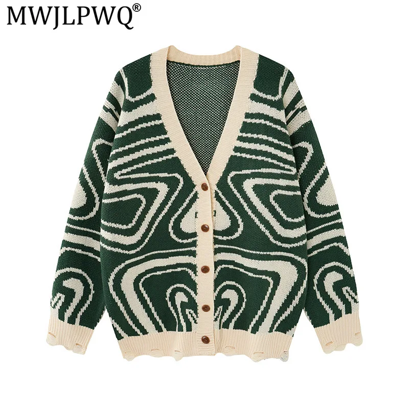 MWJLPWQ Pattern V-Neck Knitted Cardigan Sweater For Men Autumn Casual Loose Fit Distressed Crochet Details Tops Trendy INS 20564