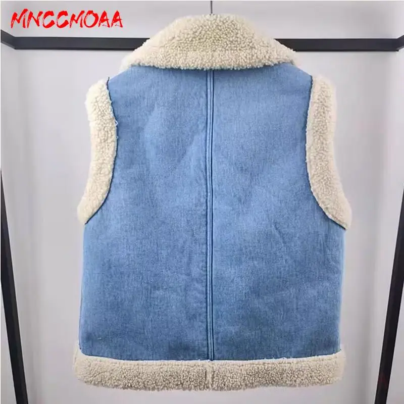 MNCCMOAA 2024 Autumn Winter High Quality Woman Fashion Denim Thick Fleece Vest Coat Female Casual Sleeveless Warm Waistcoat Tops