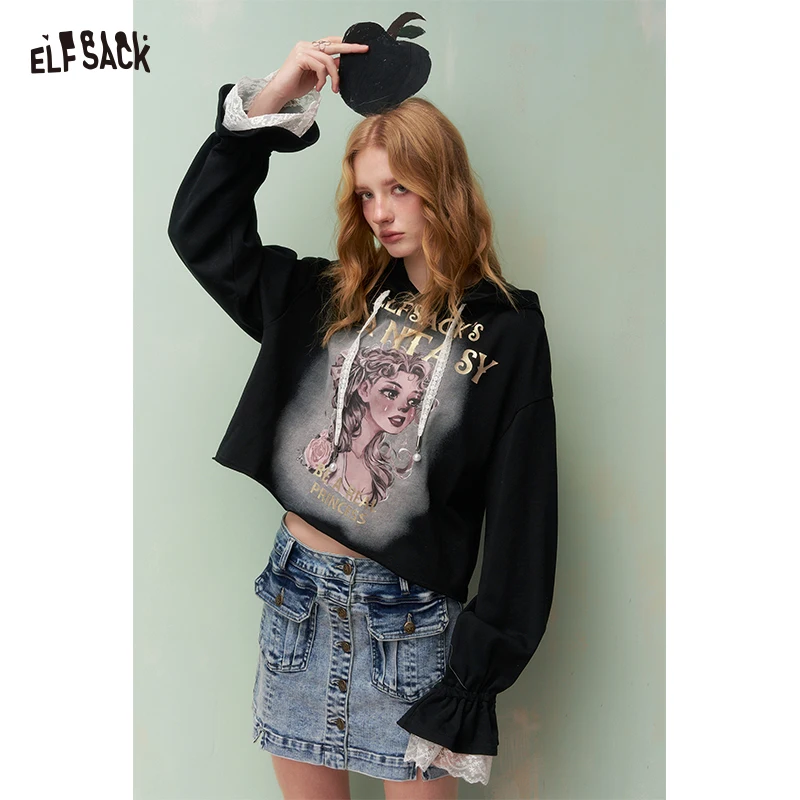 

ELFSACK Women's Gothic Hoodie with Princess Print & Lace Ruffle Cuffs, Crop Hooded Sweatshirt for Street Style