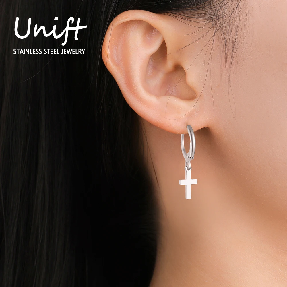 Unift Tiny Jesus Cross earrings for Women Men Hip Hop Punk Classic Minimalist Stainless Steel Jewelry Christian Amulet Christmas