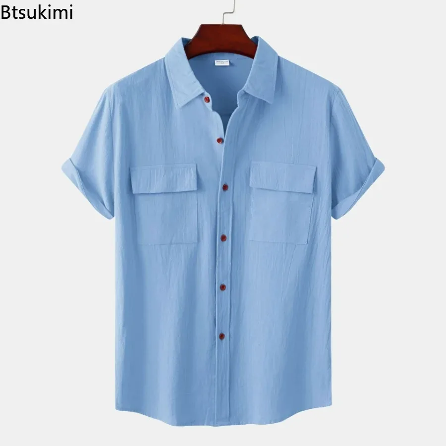 

2024 Summer Cotton Linen Shirt for Men Double Pockets Short Sleeve Casual Shirts Male Breathable Solid Tee Tops Camisetas Men