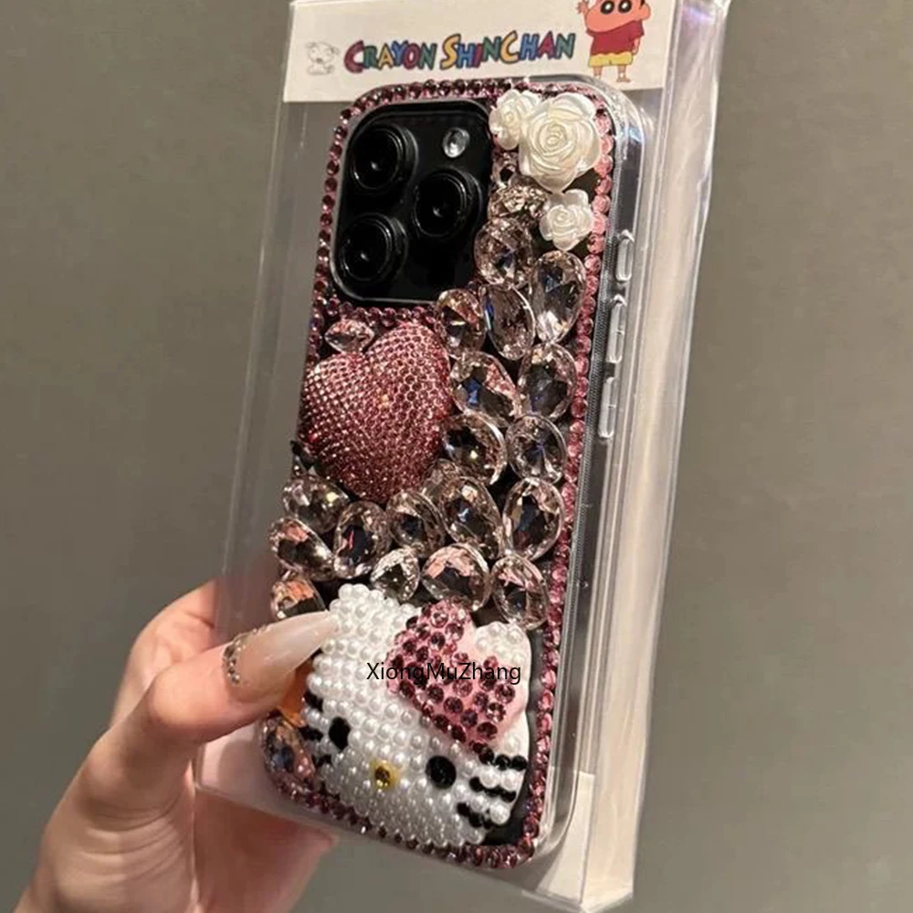 Błyszczące, trójwymiarowe etui Hello Kitty z różowymi diamentami i kokardką, idealne do iPhone 18, 17, 16, 15, 14 Mini, 12, 13, 11 Pro Max, Xs Max, w stylu Sanrio, dla dziewczynek. — zdjęcie produktu 4
