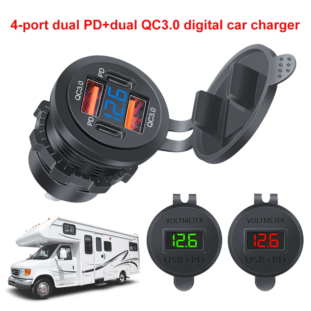 

Dual PD Dual QC 3.0 USB Car Charger with Voltmeter Power Outlet Adapter 78W Fast Charging Outlet for Car Boat Marine Truck