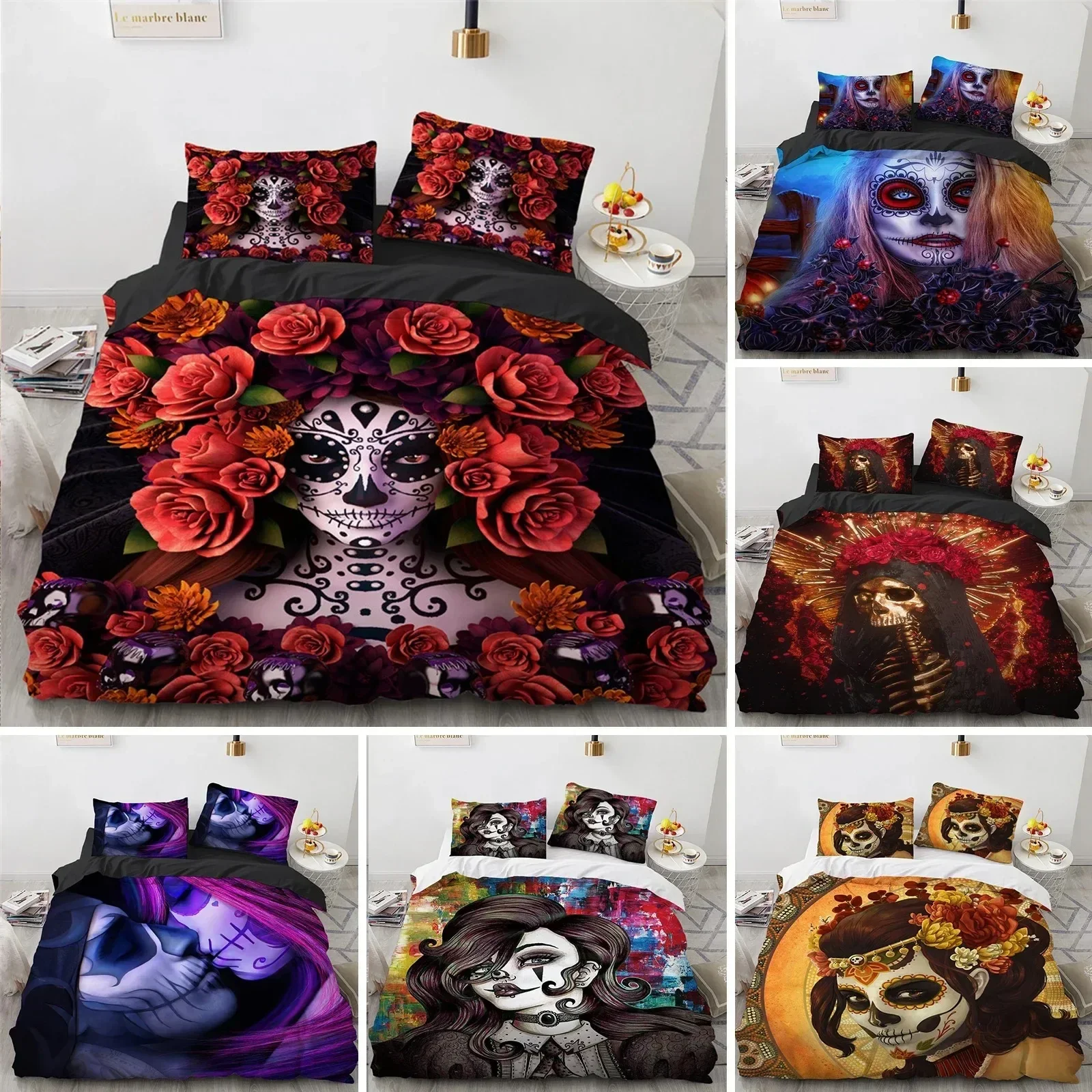 Skull Duvet Cover Queen Size Microfiber Vintage Sugar Skull Girl Day of The Dead Bride with Dark Color Roses Graphic Bedding Set