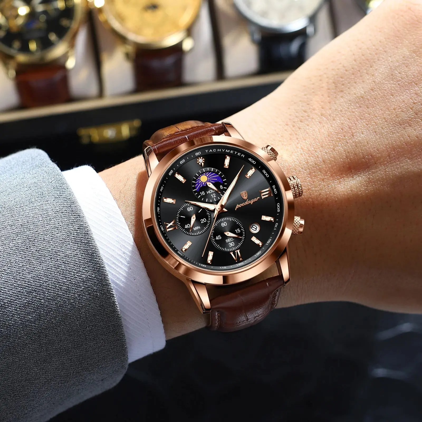 POEDAGAR الأصلي رجال الأعمال ساعة اليد كرونوغراف تاريخ مضيئة مقاوم للماء رجل ساعة جلدية فاخرة ساعات كوارتز للرجال #5