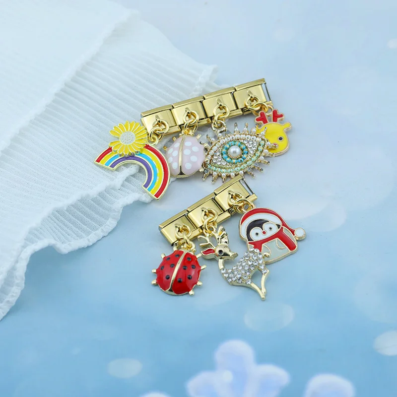 Memnon 2023 New Daisy Flower Eye Mouse Rainbow Ladybug Charm Links Fit 9mm Bracelet Stainless Steel Jewelry DIY Making DJ606