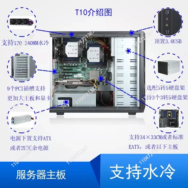 هيكل خادم برجي 240 360 لوحة رئيسية كبيرة EATX مبردة بالماء 4 بطاقة رسومات 9PCI مصدر طاقة زائد 18 لقمة قرص صلب