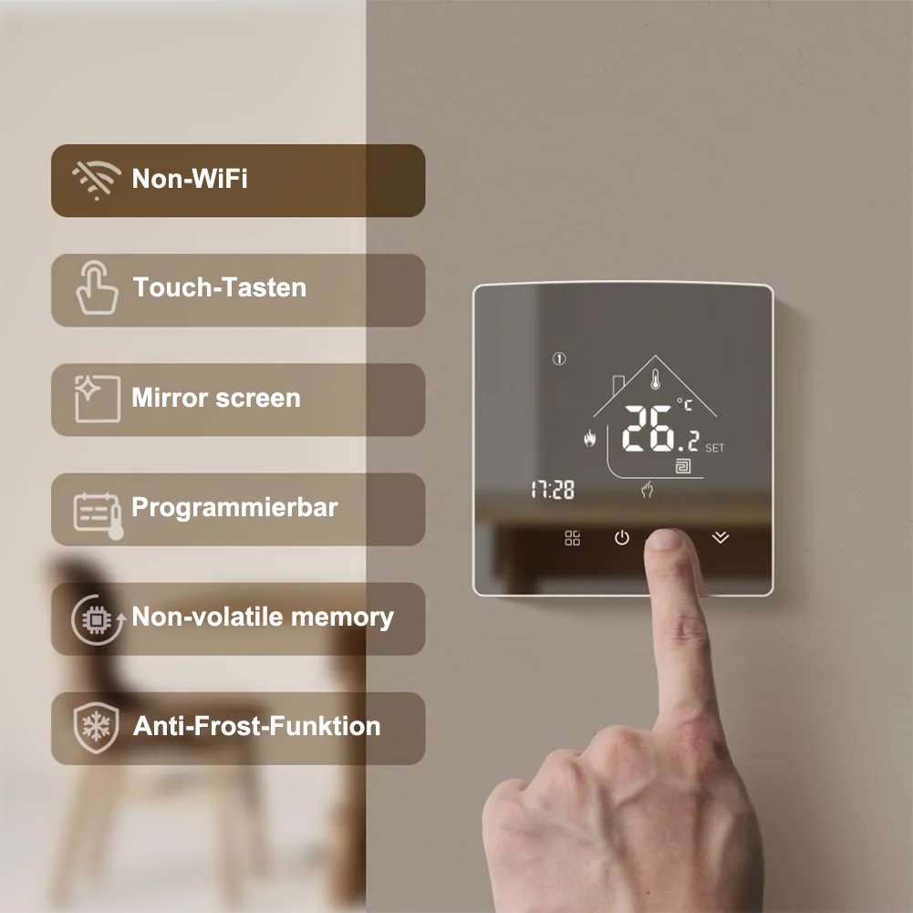 Programmable Mirror Thermostat for Room Heating with Touchscreen Digital Display and Electric Floor Heating Compatible Power