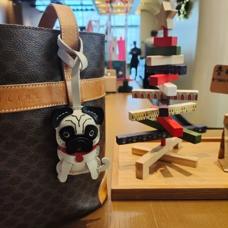 

Handmade pug-style keychain charm genuine leather small decorative bag accessory, bag hanging ornament key ring