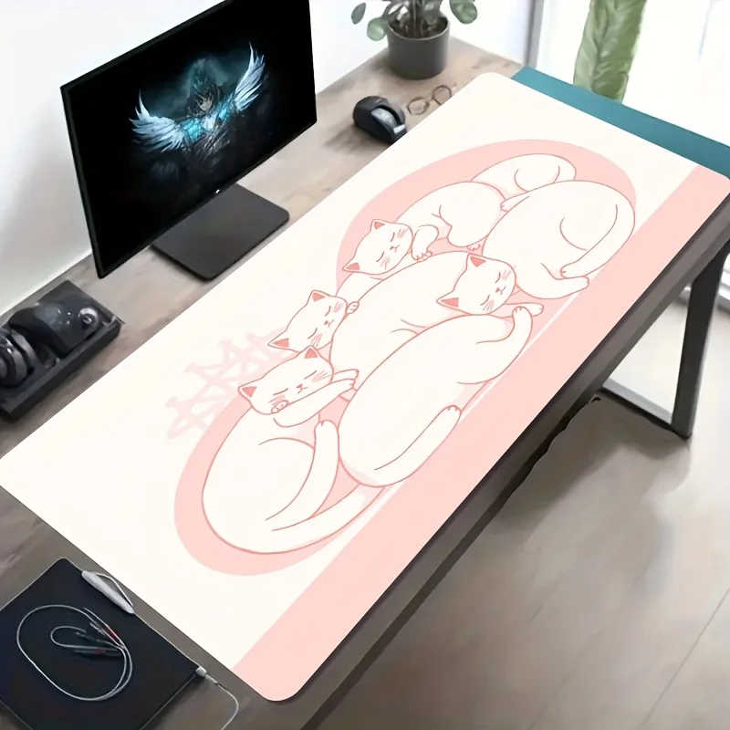 Gaming Mouse Pad,Desk Mat,Large Size,Anti-slip,Stitched Edges,Soft Rubber,Pink Line Napping White Cat Deskpad For Office Use
