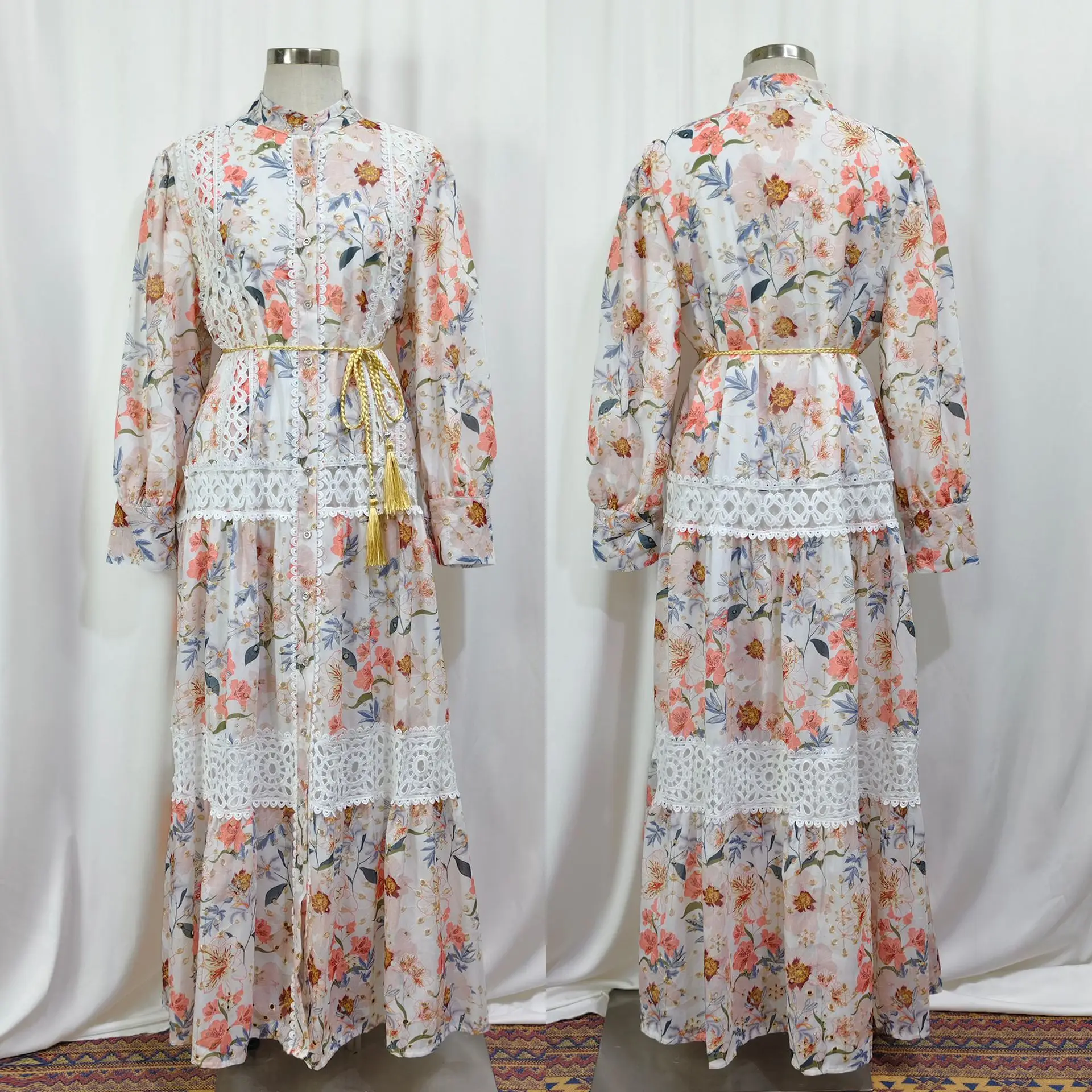 Printemps mode musulmane Abaya Vintage tunique décontracté robe mi-longue femmes lanterne manches Empire Patchwork imprimé évider robe en dentelle