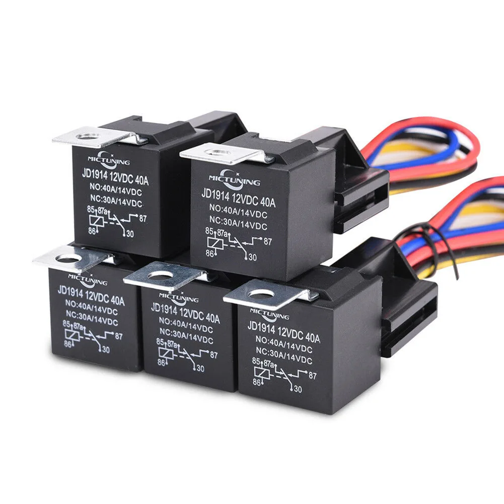 5Pcs Car SPDT Automotive Relay DC W/ Harness Socket 12V 40 Amp 5 Pin with Wires JD1914 Car Relay Replacement Kit