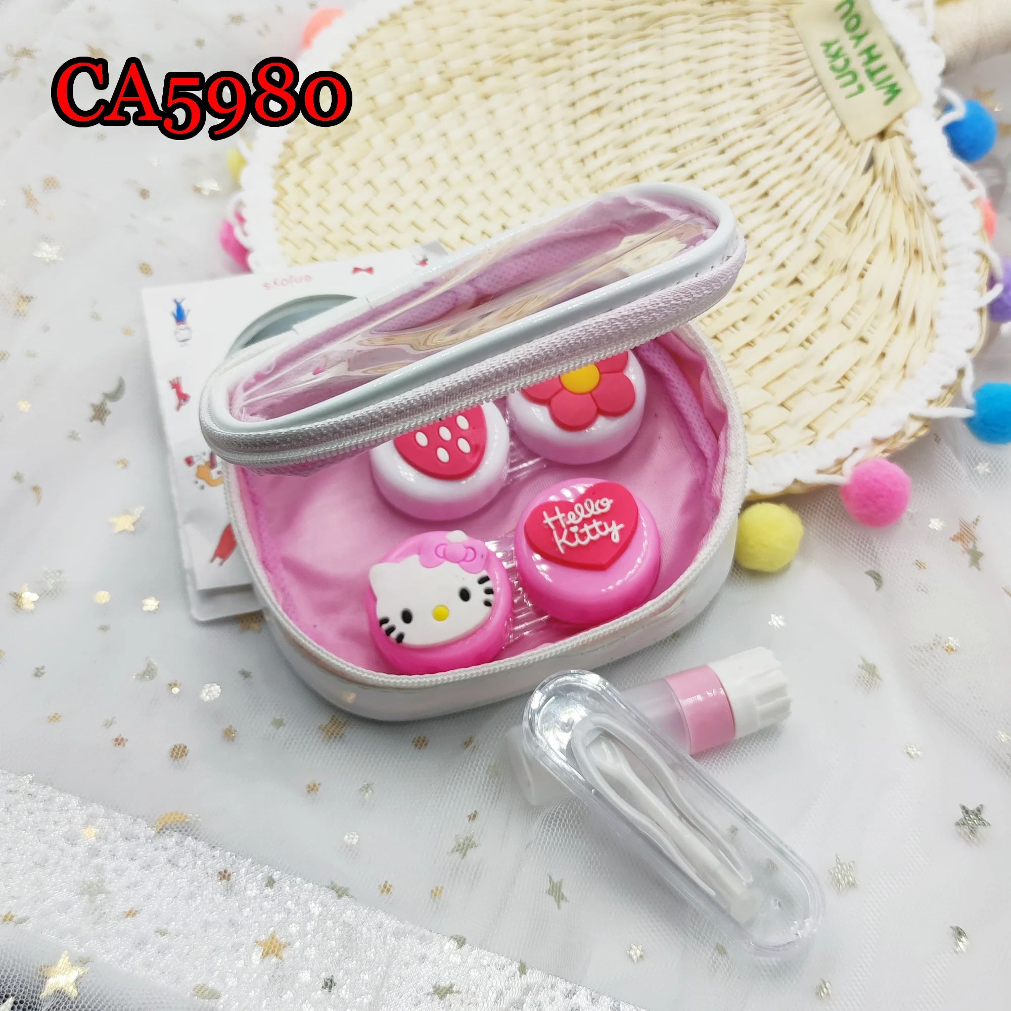 Cute Pocket 2pairs Contact Lens Cases with Mirror Kitty Box Convenient Contact Lens Case Container Saving Bag CA5980