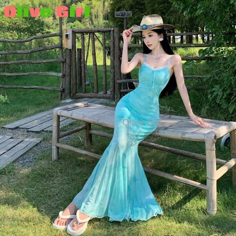 

Sexy Dress Summer Butterfly Print Fishtail Suspender Mesh Dress New Chinese Retro Spring Women Clothing