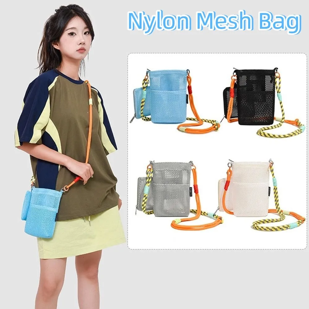 

Sweet Korean Style Nylon Mesh Bag Purse Solid Color Nylon Crossbody Bag Wallet Bags Double-layer Shoulder Bag Girls