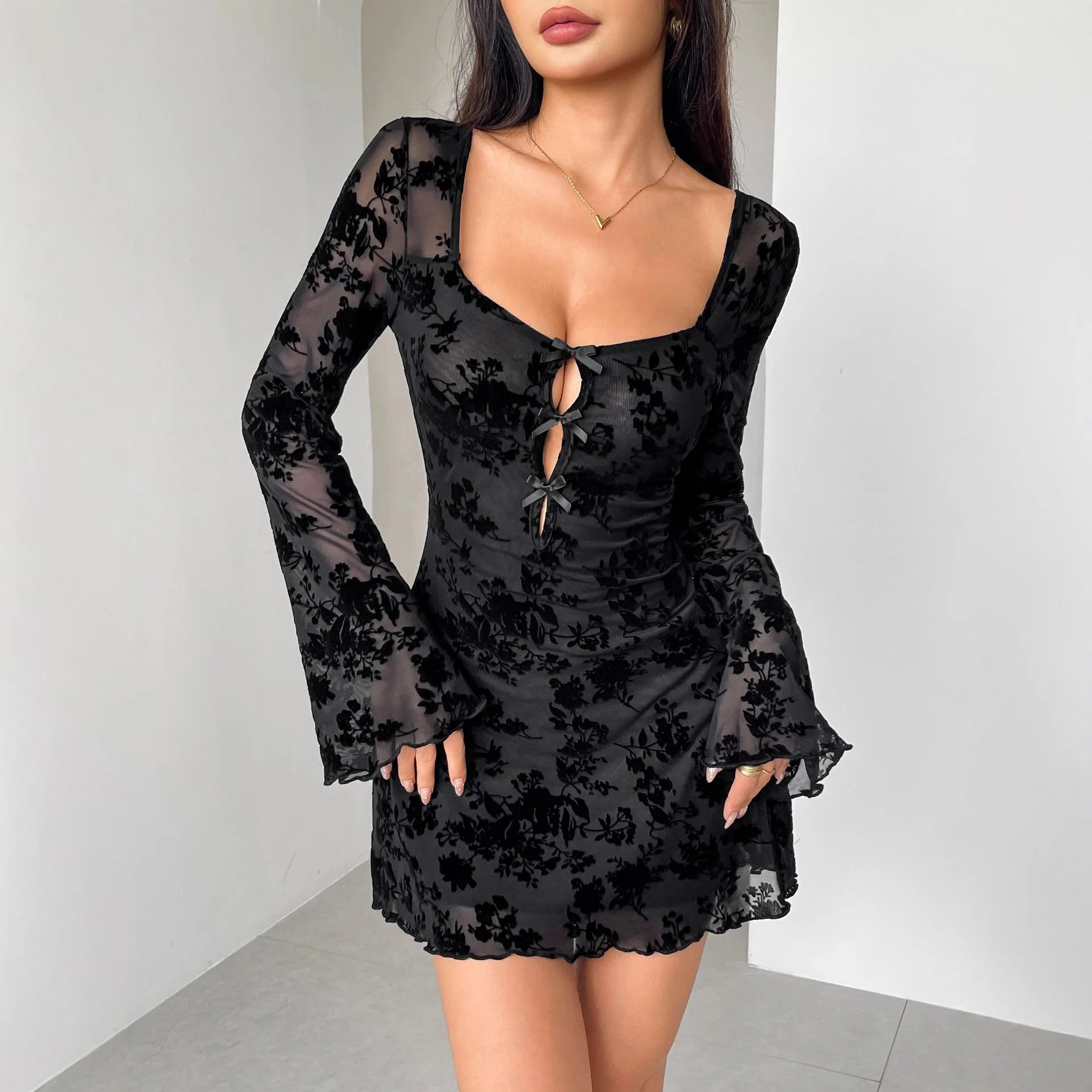 Robe floquée à manches longues pour femmes, nouvelle collection automne 2025, motif Floral, découpe, nœud, robe élégante