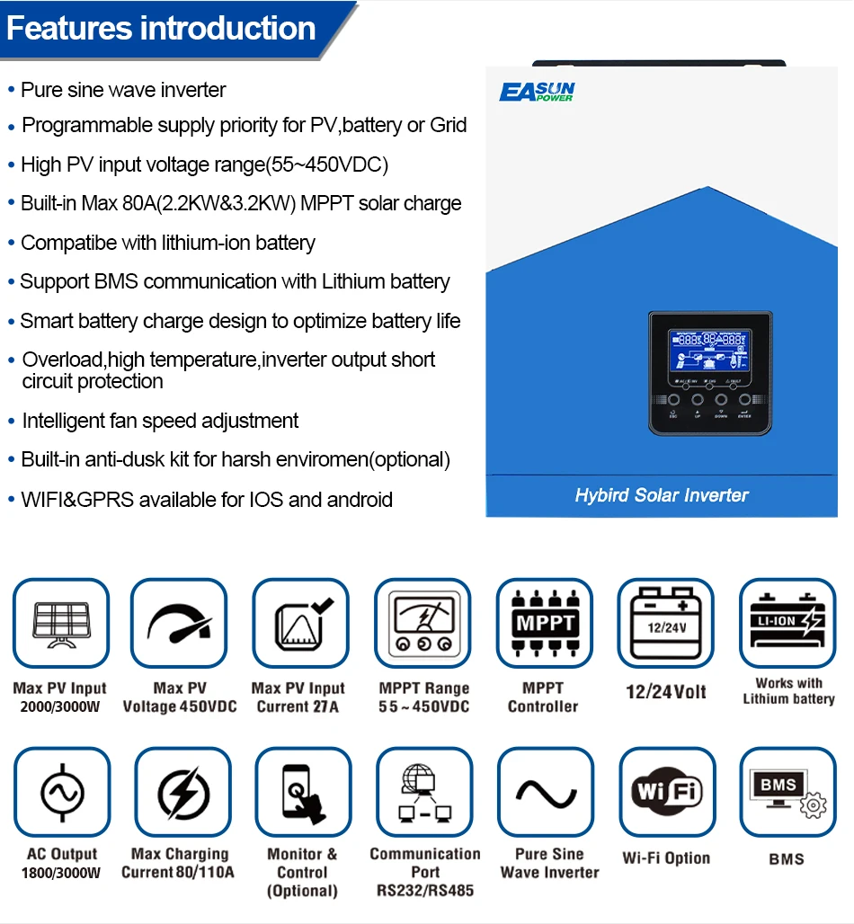 Easun 6,2 kW 4,2 kW 3,2 kW 2,2 kW Hybrid-Solarwechselrichter 12 V 24 V 48 V MPPT Off Grid 50/60 Hz reine Sinuswelle 120 A 80 A 230 V Solarladung – Detail 7