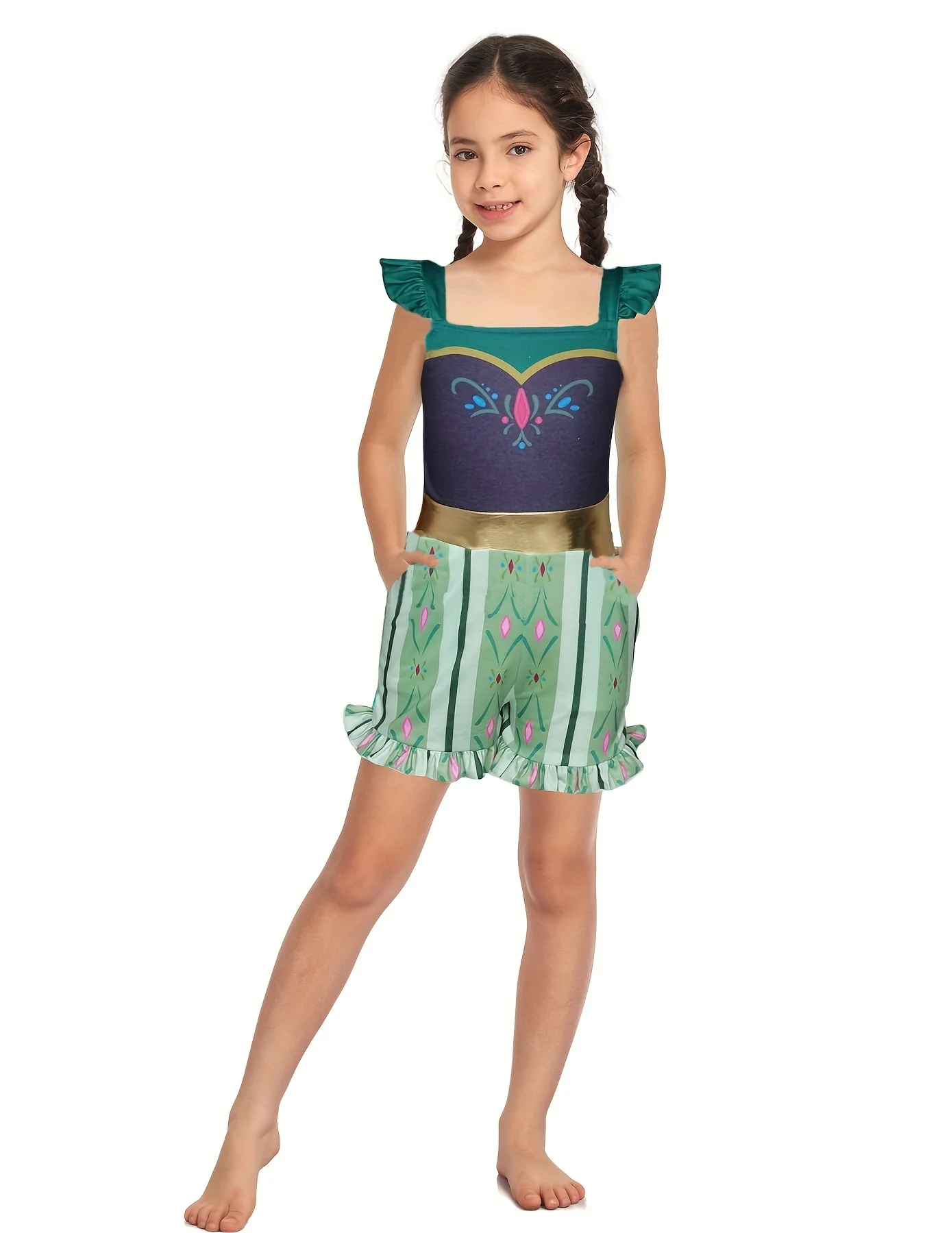 Softest Anna Sisters Princess Inspired Jumpsuit Green Printing Magical Holiday Trip Cruise Sequin Tulle Sisters For 2-14Y Kids