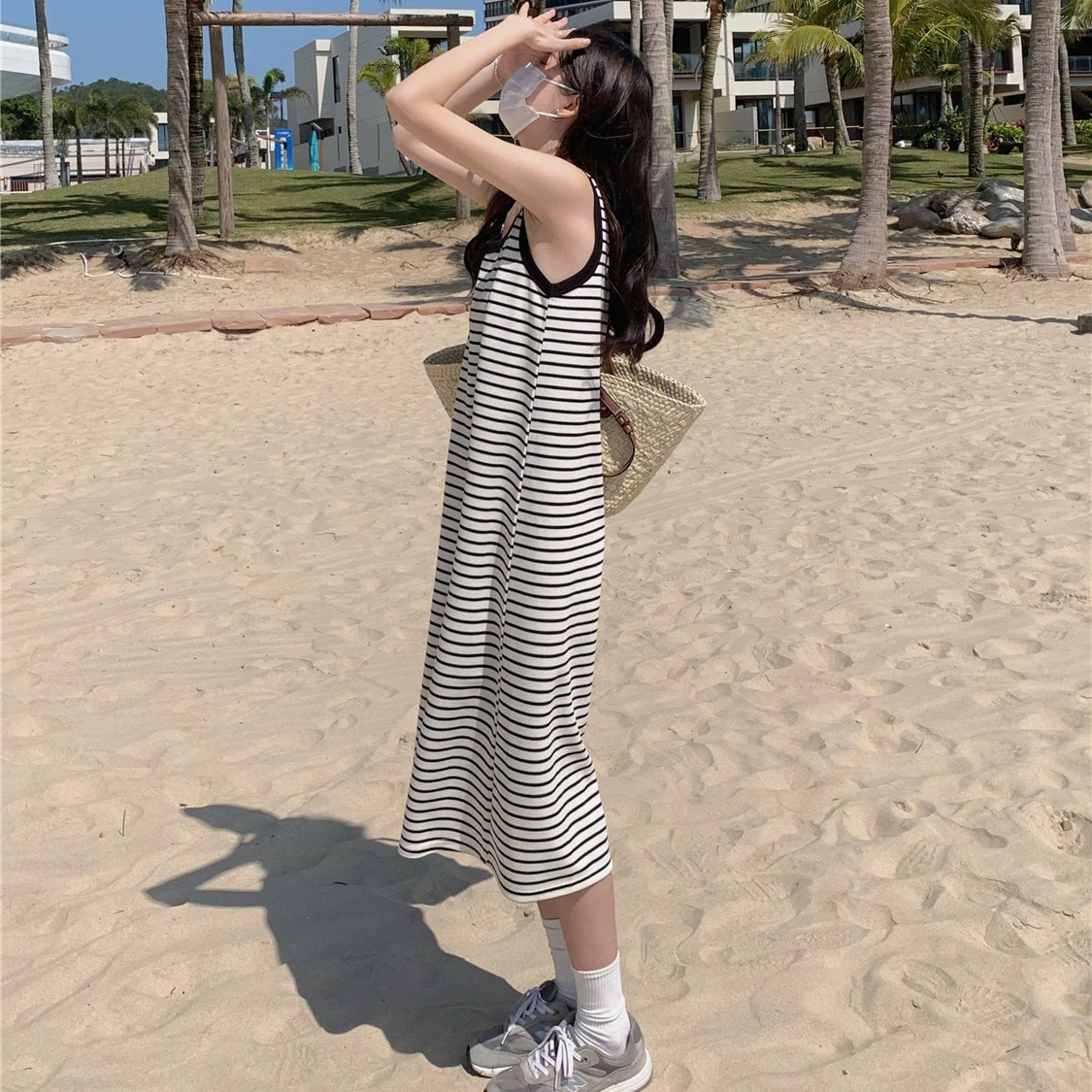 الصيف مخطط حزام طويل كاميس سترة فستان المرأة فضفاضة تي شيرت غير رسمي الركبة طول عطلة الشاطئ الشاطئ طويل ألف خط تنورة