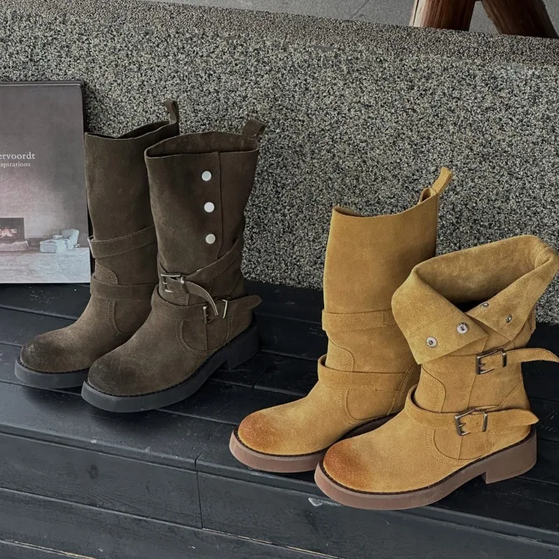 

New Women Shoes Retro Luxury Genuine Leather Cowboy Boots for Woman Exquisite Platform Mid Calf Boots Designer Shoes Botas Mujer