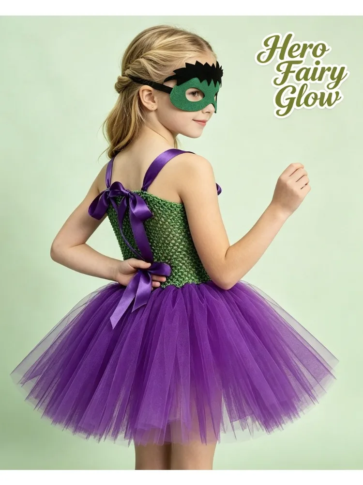 

Kid Anime Green Super Hero Tutu Dress With Mask Set For Halloween Carnival Party School Perforance Outfit Kids Fancy Clothes Set