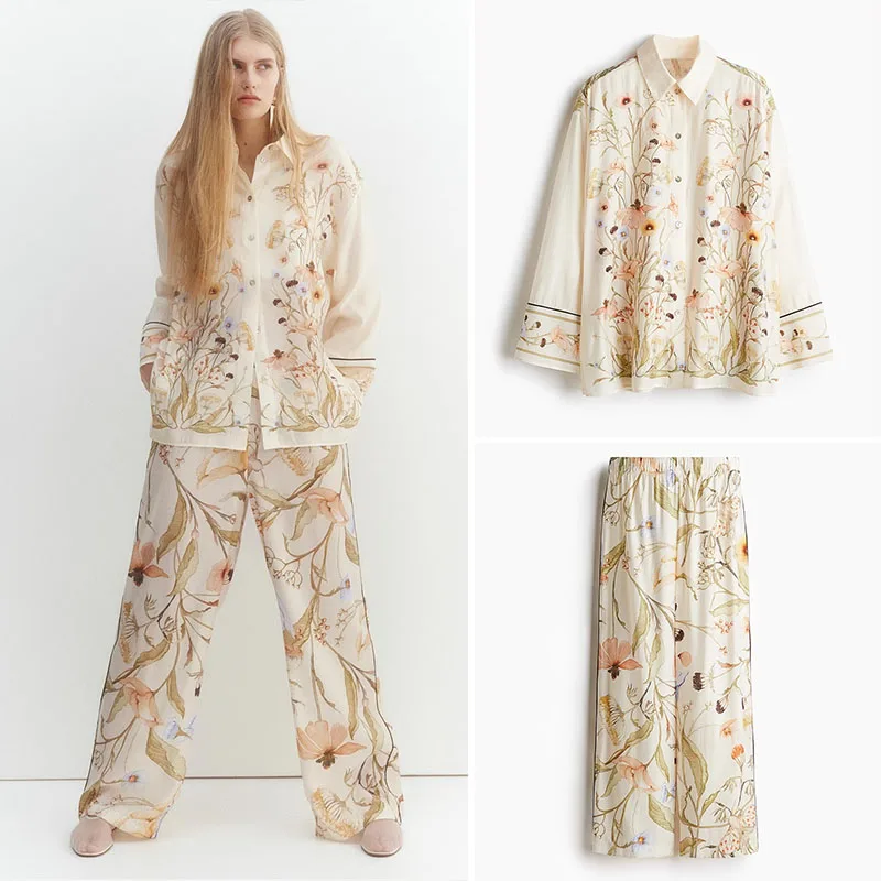 Spring New Arrival Women's Floral Patterned irt And Long Pants Faion Set Long Sve Casual Wear for Ladies